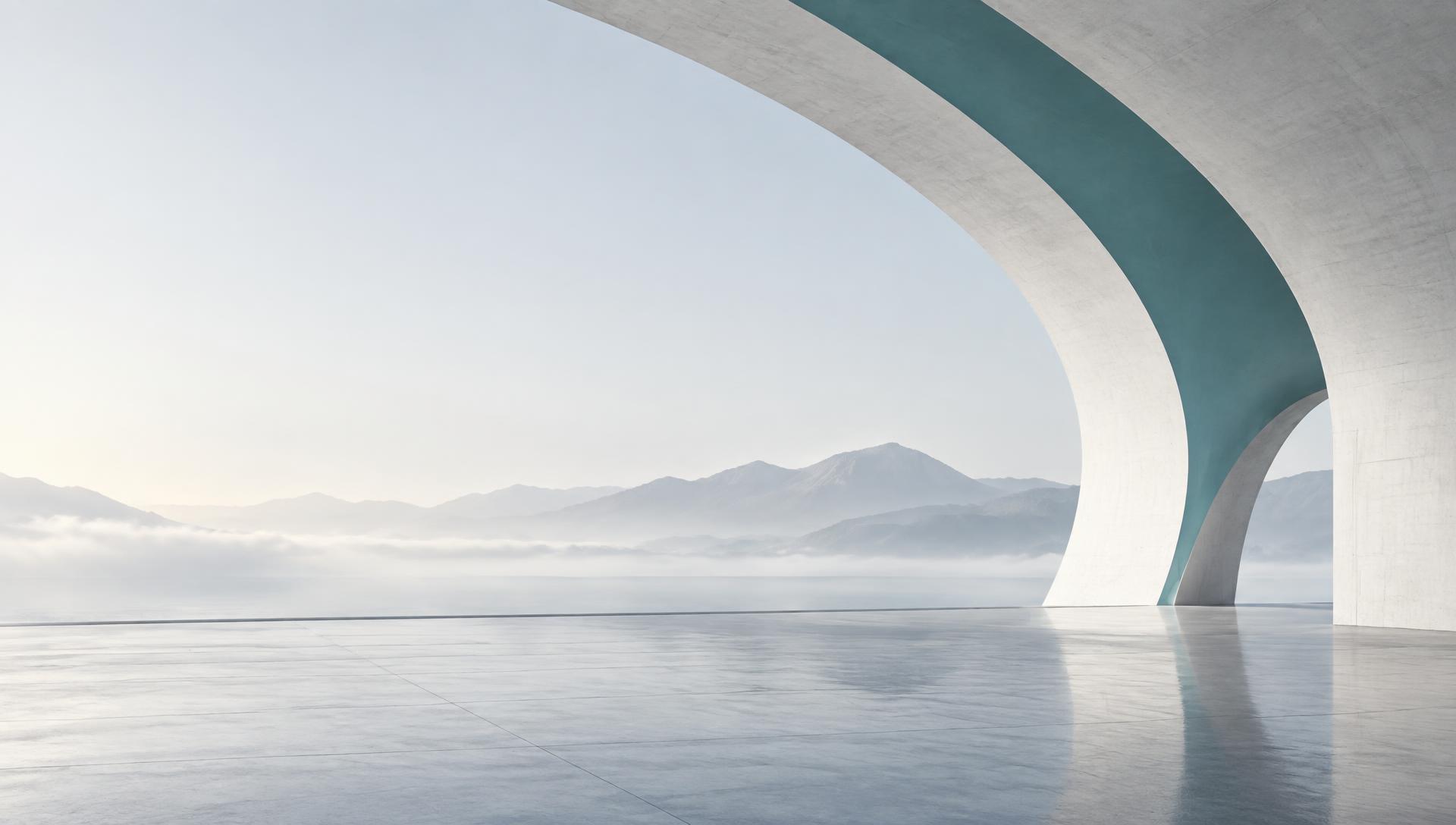 Sweeping concrete arch with a teal band overlooking misty mountains